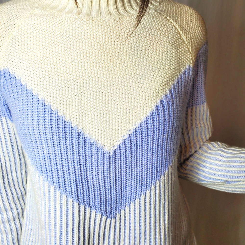 Anthropologie Rue and Willow Cream, Periwinkle Striped Mockneck Cashmere Sweater - Picture 3 of 10